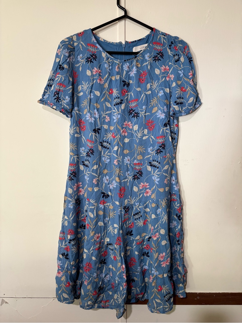 LOFT Blue Floral Midi Dress with Short Sleeves